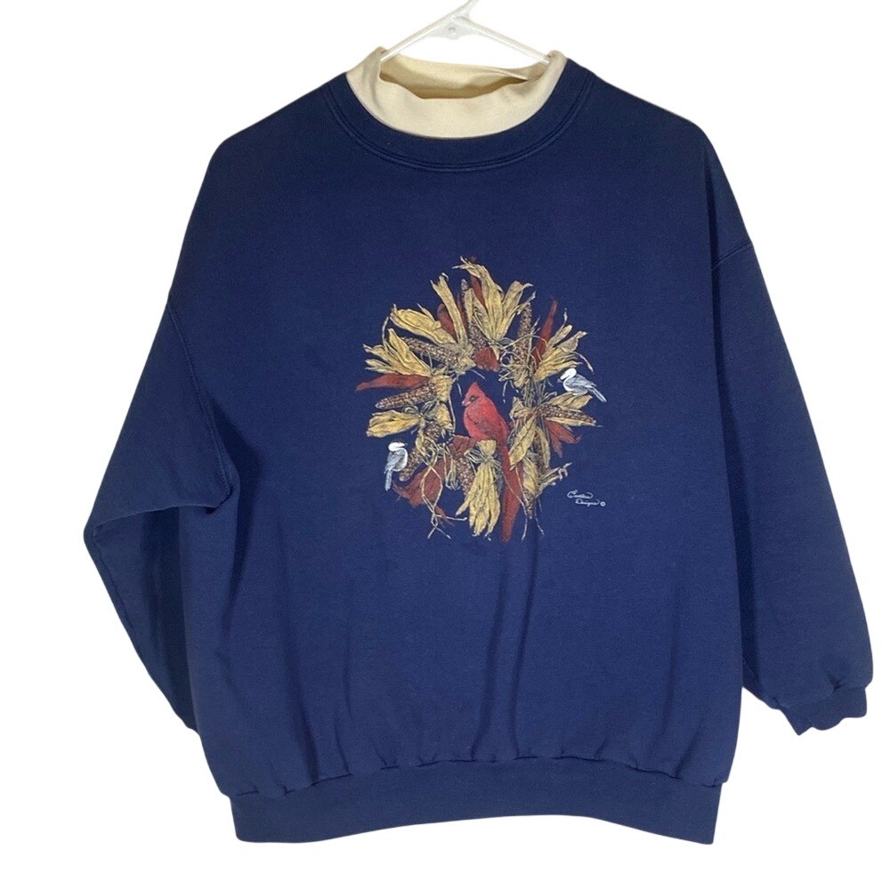 Vintage double collar Blue Graphic cardinal birds wreath Sweatshirt size 1X